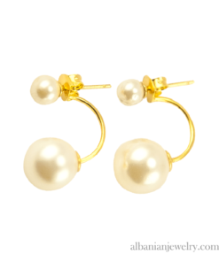 Double pearl earrings, gold colored with white beads