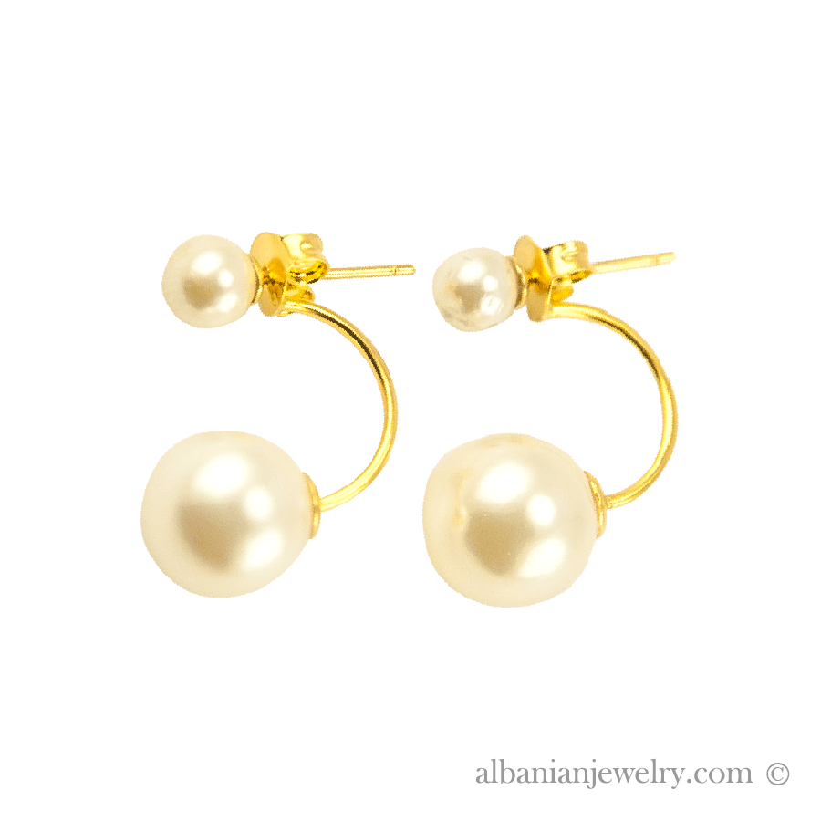 Double pearl earrings, gold colored with white beads