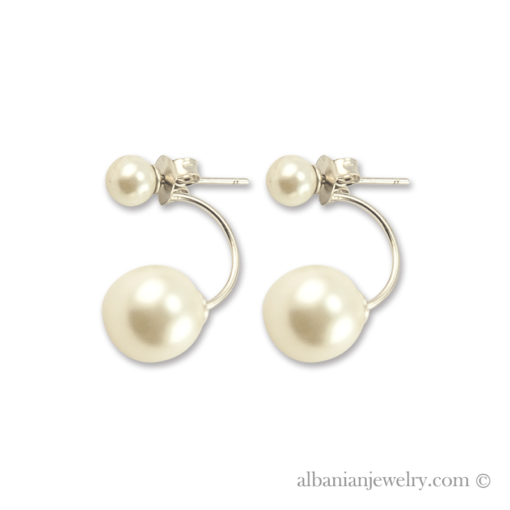 Double pearl earrings, silver with white pearls